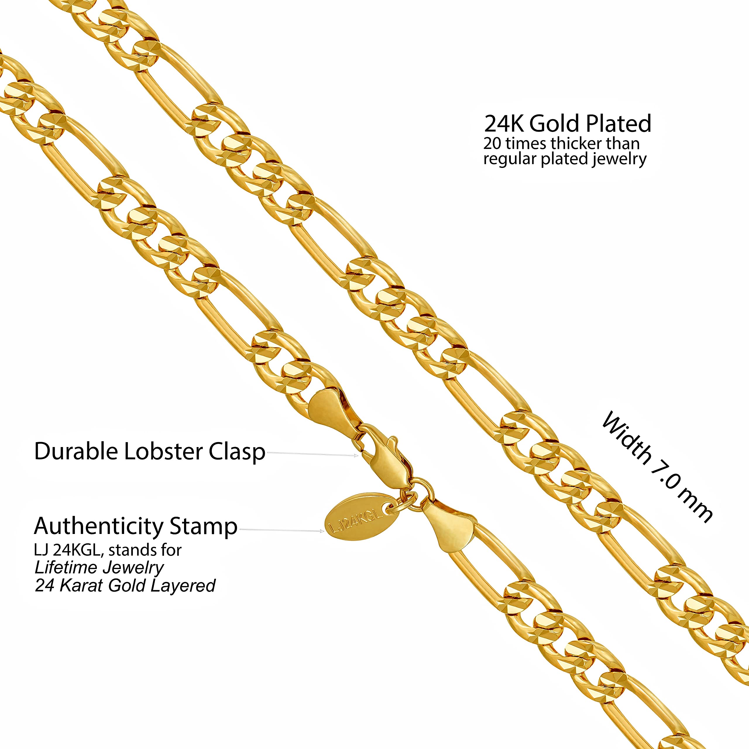 Radiant Diamond Cut Figaro Chain Necklaces 24k Real Gold Plated ( 6mm, 7mm, 9.5mm )