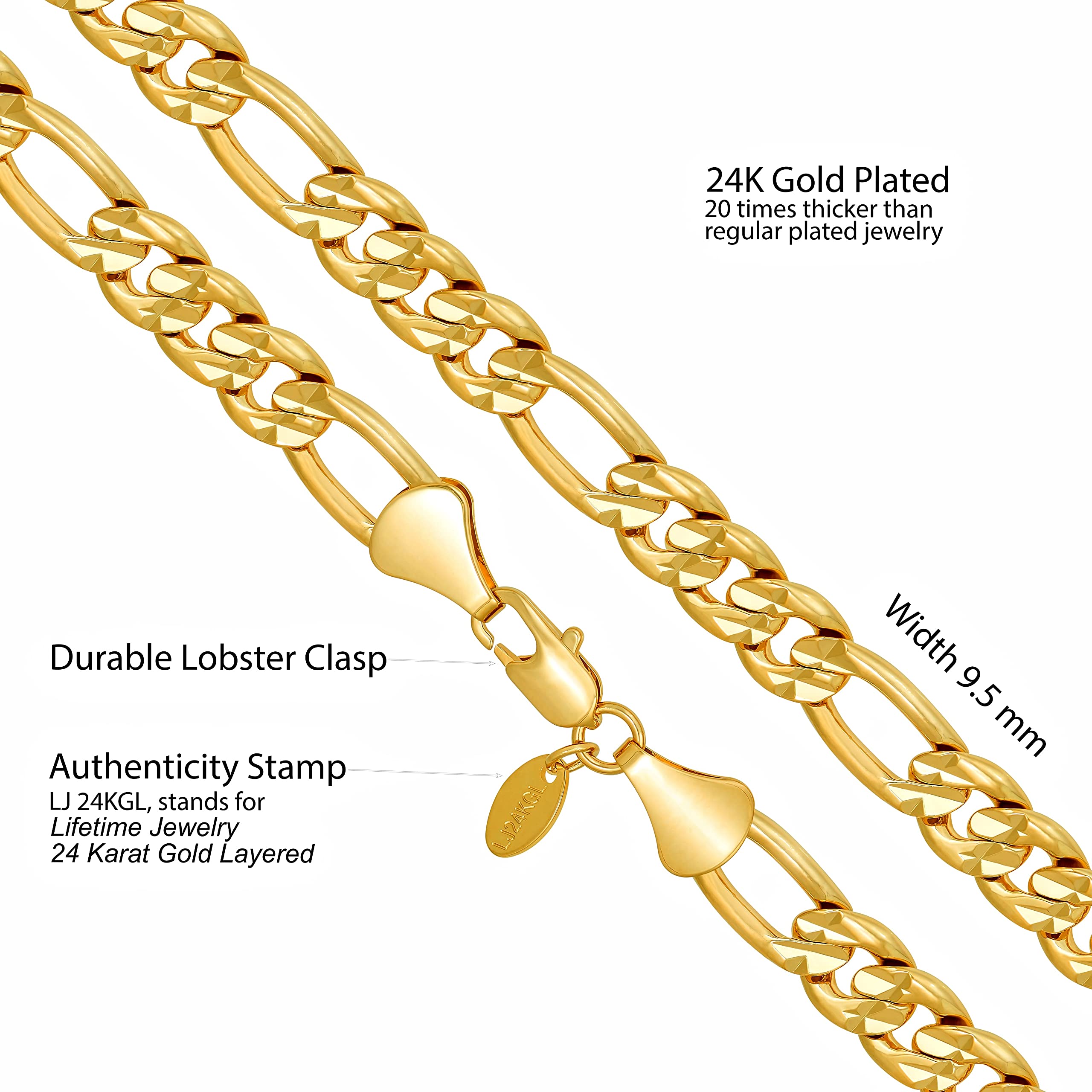 Radiant Diamond Cut Figaro Chain Necklaces 24k Real Gold Plated ( 6mm, 7mm, 9.5mm )