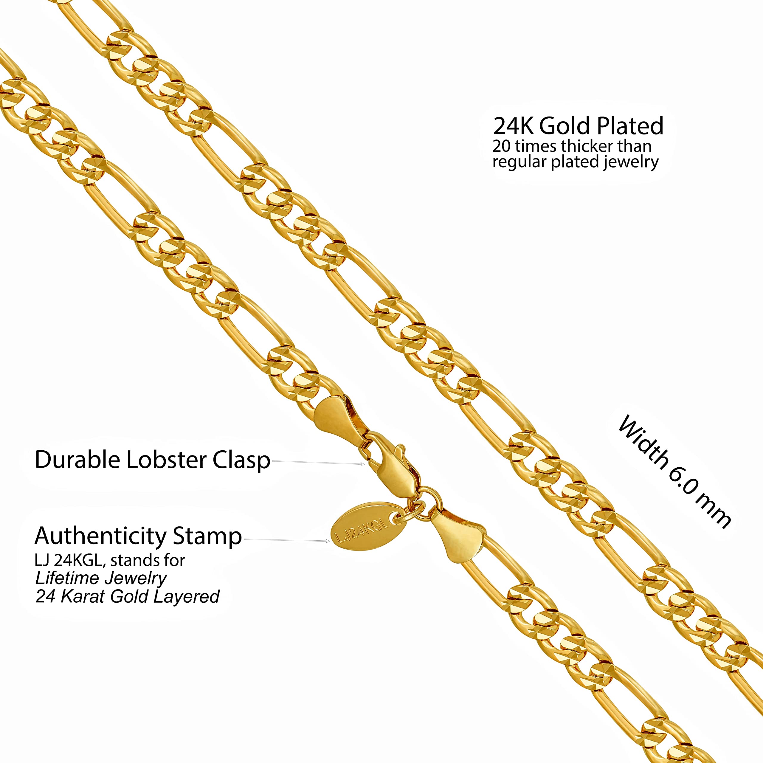 Radiant Diamond Cut Figaro Chain Necklaces 24k Real Gold Plated ( 6mm, 7mm, 9.5mm )